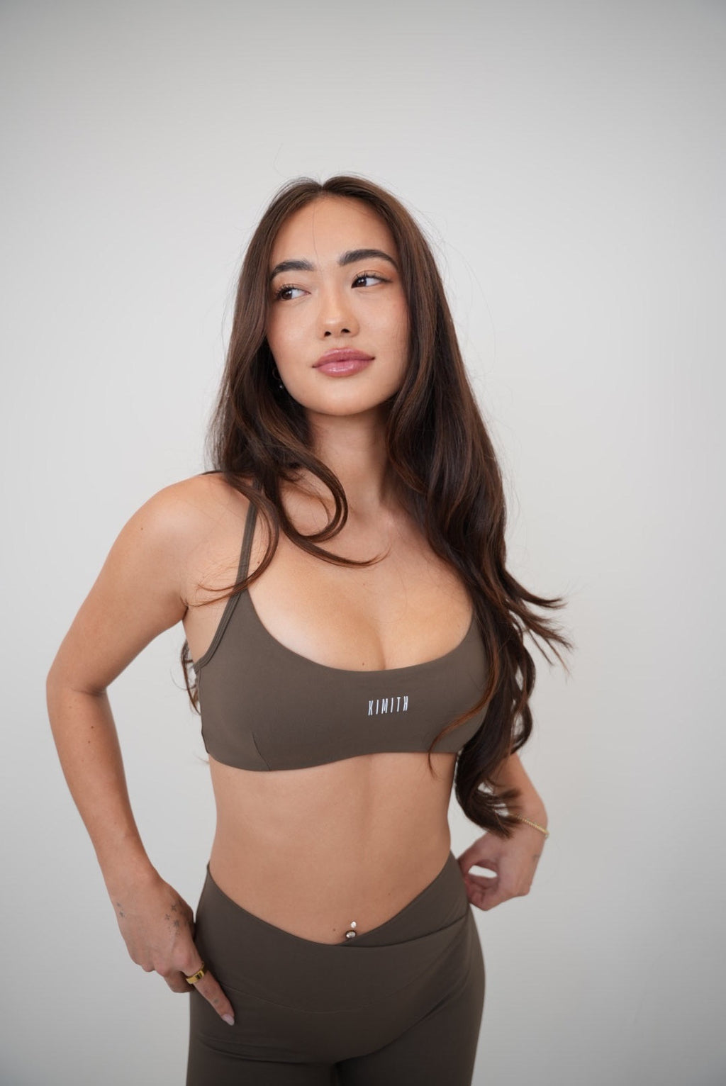 KIMITH BRAND My Time Is Divine Brown Cross-Back Butter Soft Bra — lifestyle context