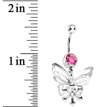 BodyCandy Pink Gem Butterfly Snowflake Dangle Belly Ring — detail close-up