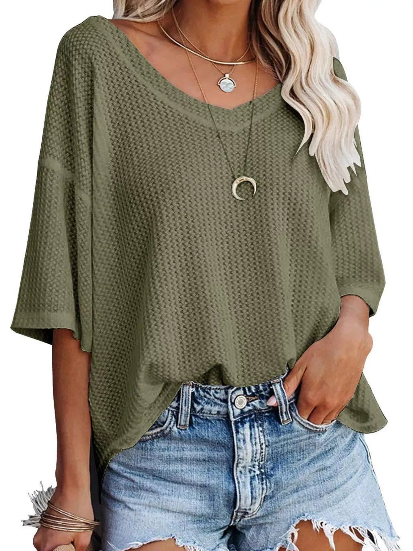 Waffle Knit V-Neck Short Sleeve T-Shirt