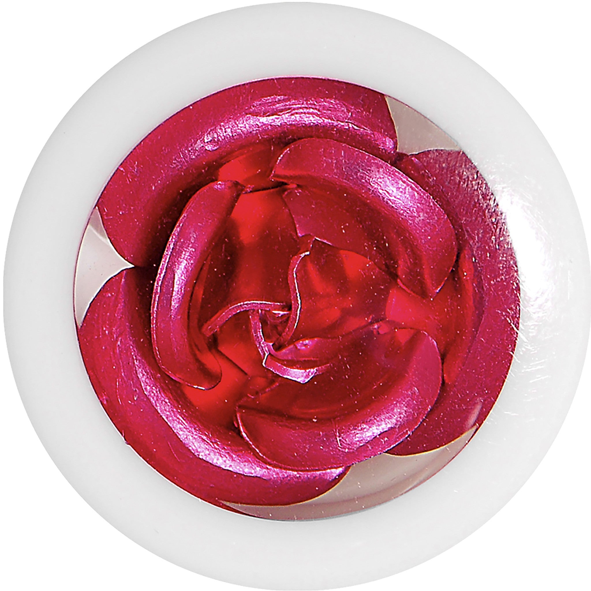 BodyCandy 9/16 White Acrylic Pink Metallic Rose Flower Plug — detail close-up