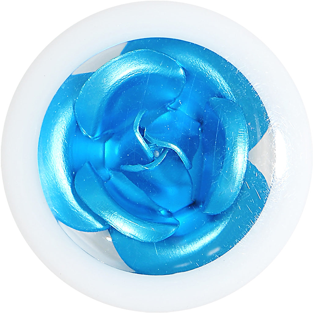 BodyCandy 5/8 White Acrylic Aqua Metallic Rose Flower Plug — detail close-up
