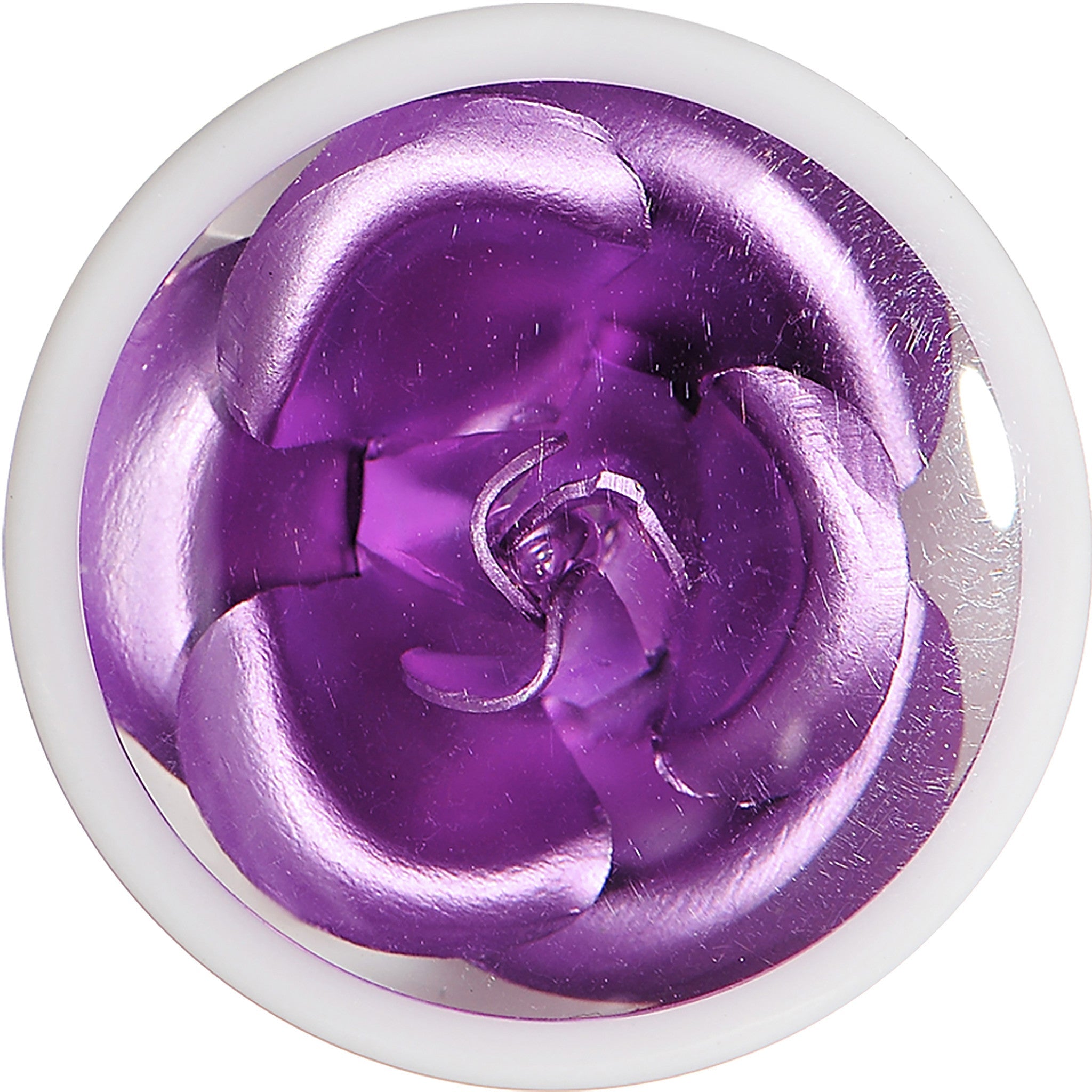 BodyCandy 5/8 White Acrylic Purple Metallic Rose Flower Plug — detail close-up