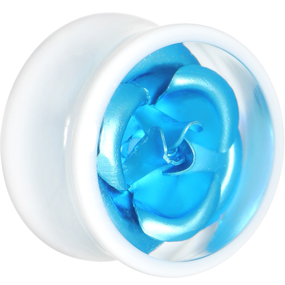 BodyCandy 18mm White Acrylic Aqua Metallic Rose Flower Plug — main product shot