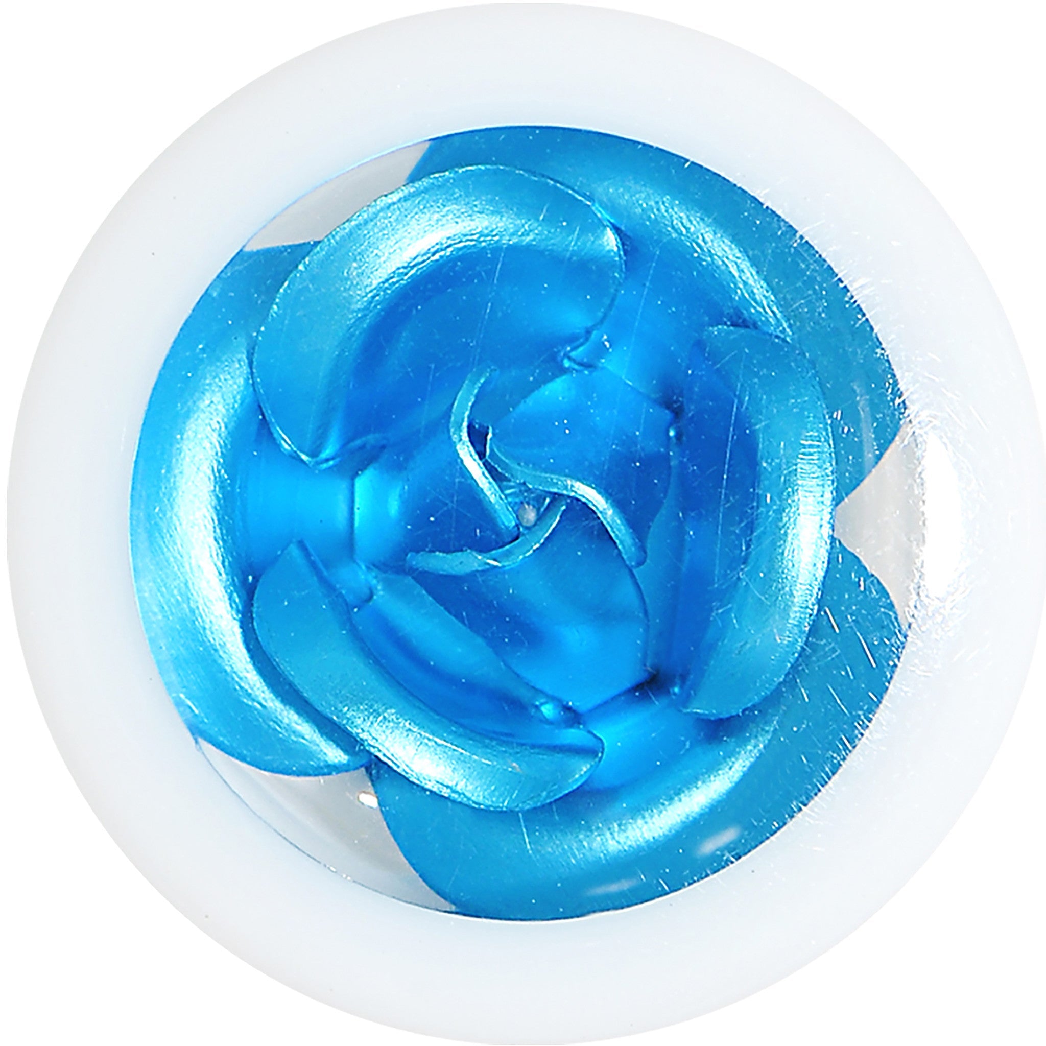 BodyCandy 18mm White Acrylic Aqua Metallic Rose Flower Plug — detail close-up