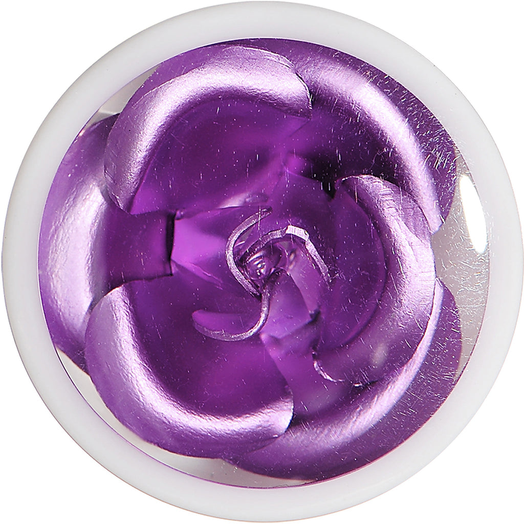 BodyCandy 18mm White Acrylic Purple Metallic Rose Flower Plug — detail close-up