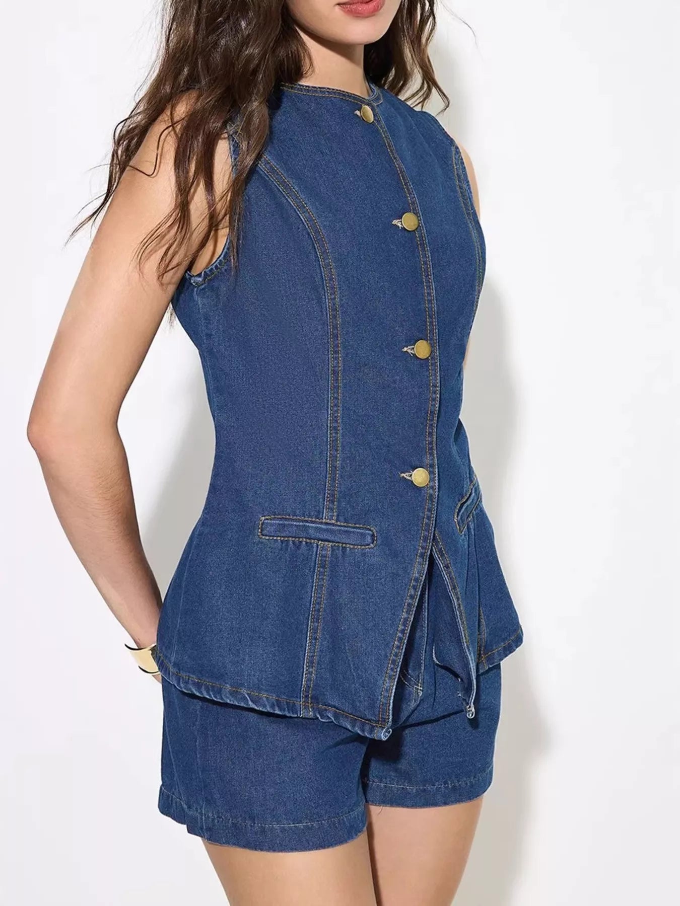 Button Up Sleeveless Denim Top