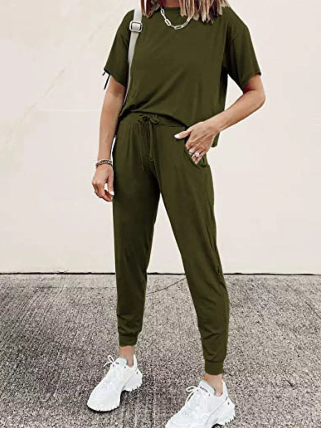 Full Size Round Neck Top and Drawstring Pants Set Plus Size