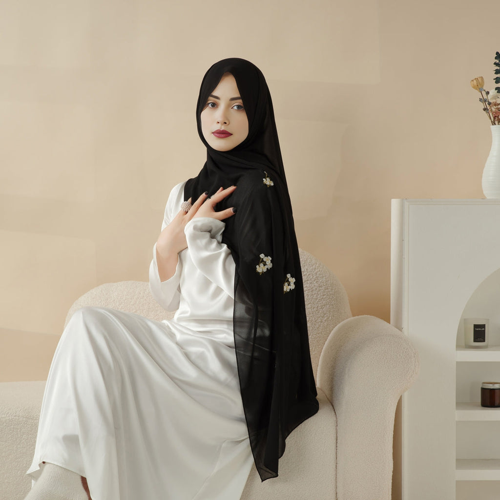 Mariam's Collection Plain Chiffon Shawl Hijab With Embroidery, Extra-Fine Embroidered Hijab (MH077) — main product shot