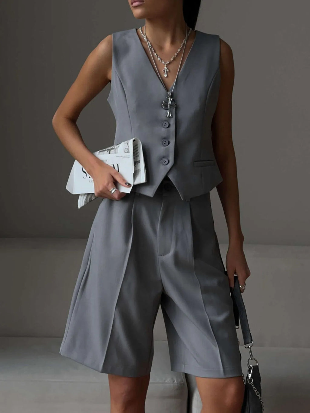 V-Neck Vest and Pants Two-Piece Blazer Set