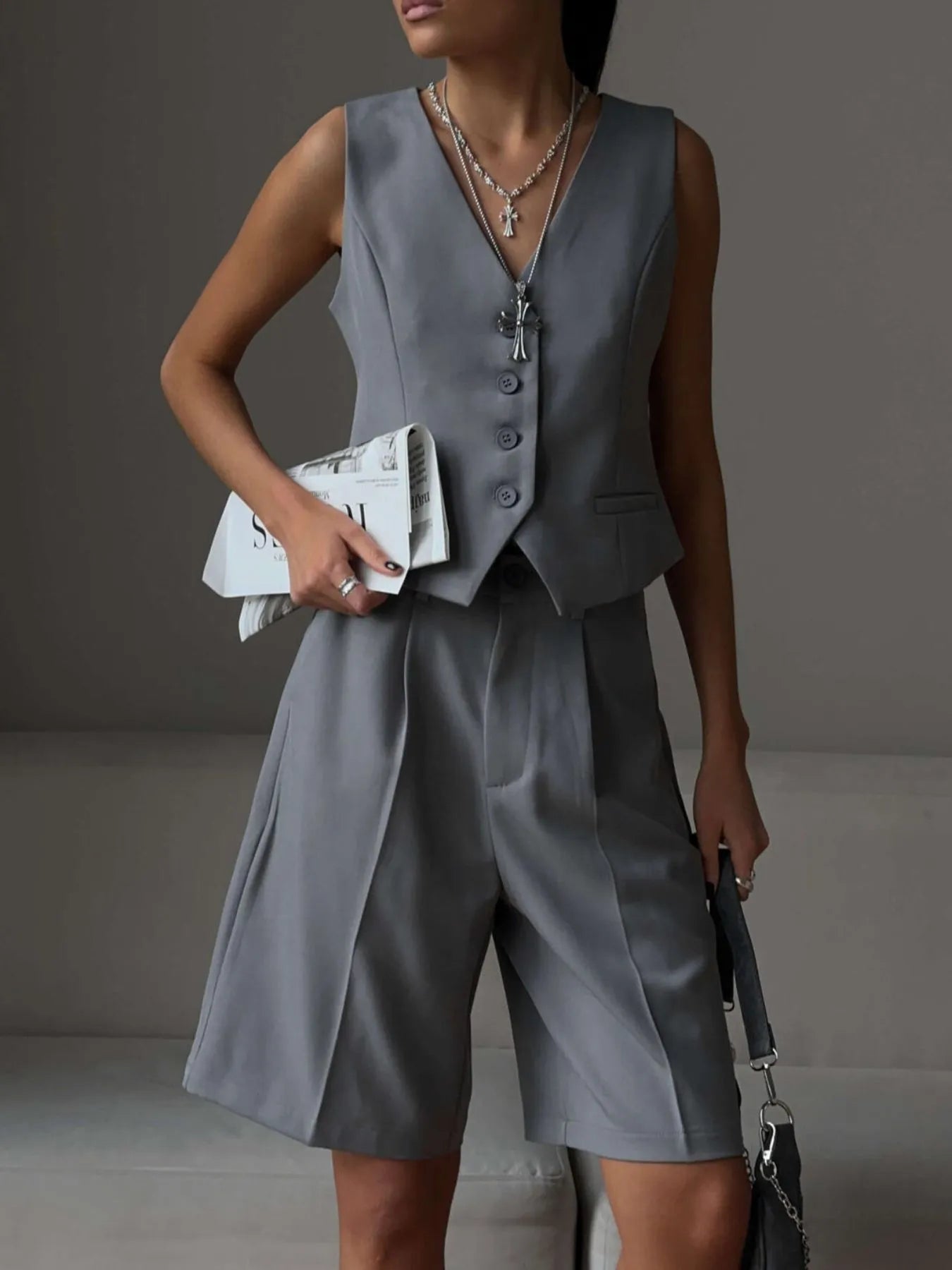 V-Neck Vest and Pants Two-Piece Blazer Set