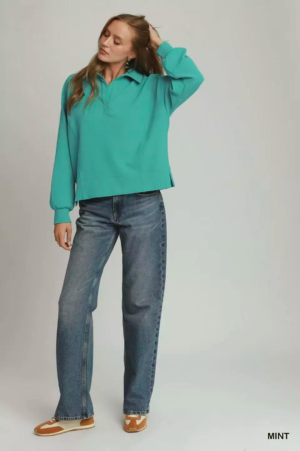 Umgee Brushed Waffle Polo Collared Pullover