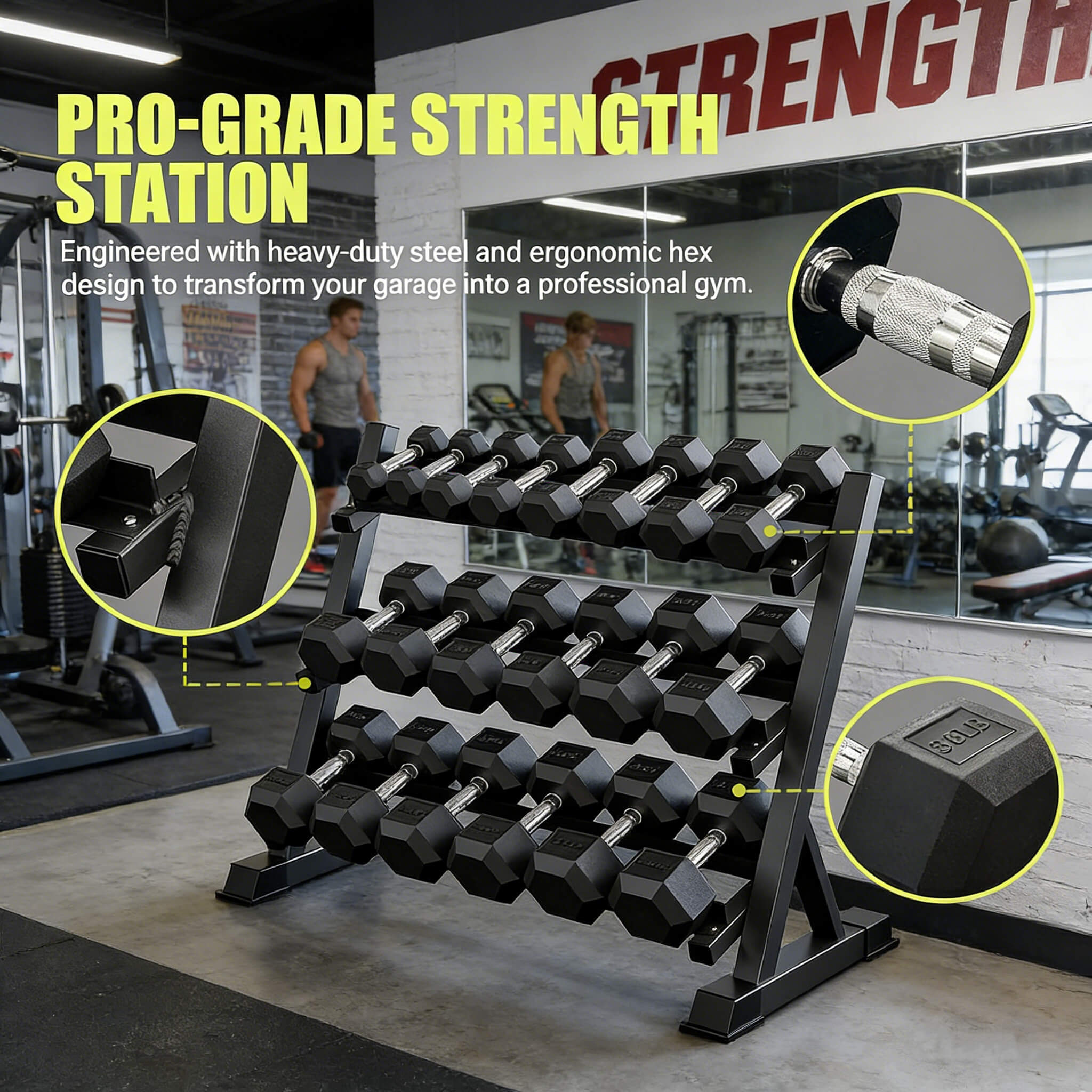Rovix 450-Pounds Rubber Hex Dumbbell Set With Rack (SAK90714) – SAKSBY WHOLESALE, view 5