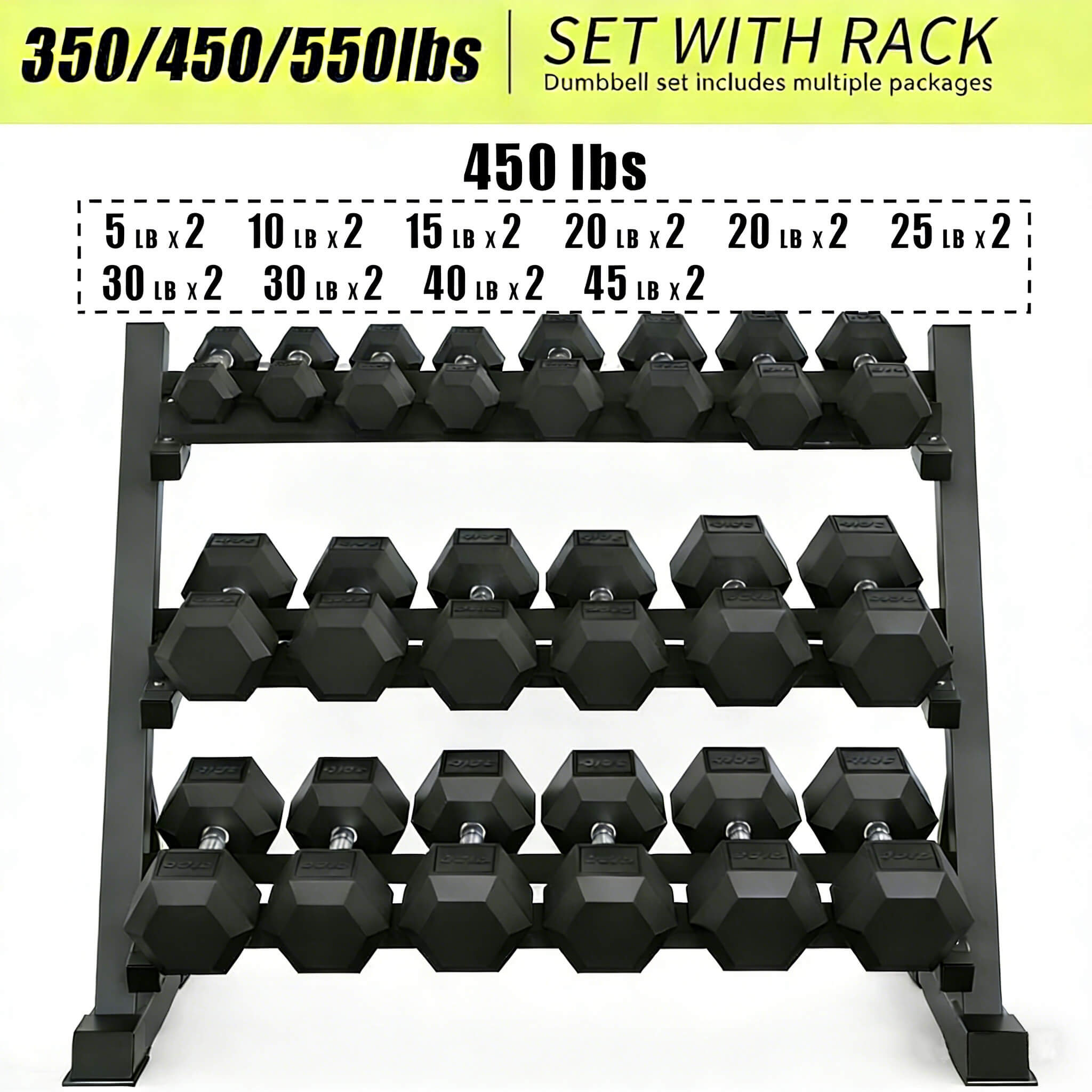 Rovix 450-Pounds Rubber Hex Dumbbell Set With Rack (SAK90714) – SAKSBY WHOLESALE, view 4