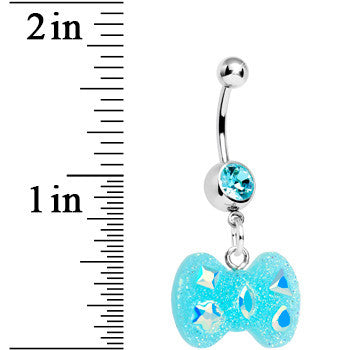 BodyCandy Crystalline Gem Aqua Glitter Bow Dangle Belly Ring — detail close-up