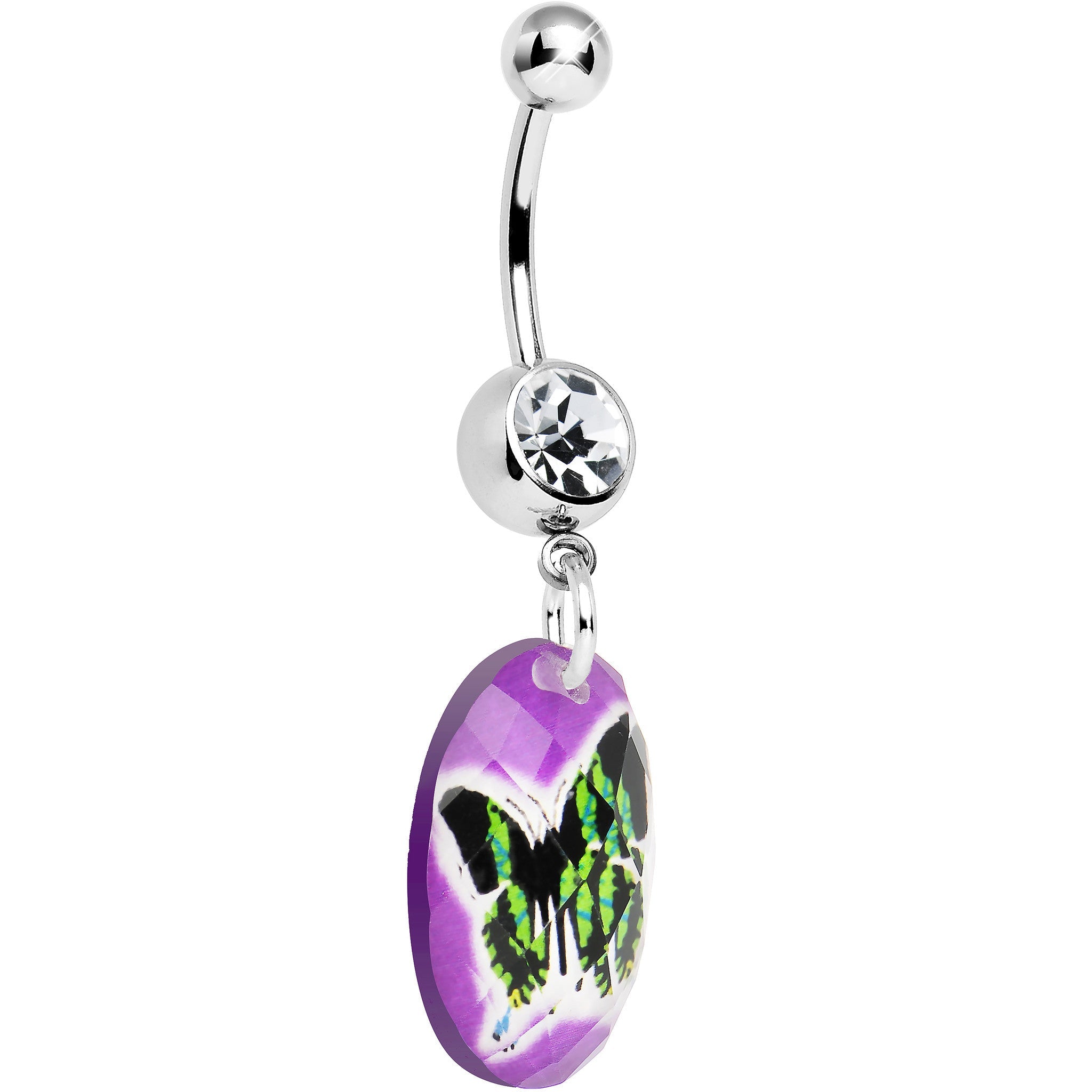 BodyCandy Purple Gem Black Butterfly Dangle Belly Ring — detail close-up