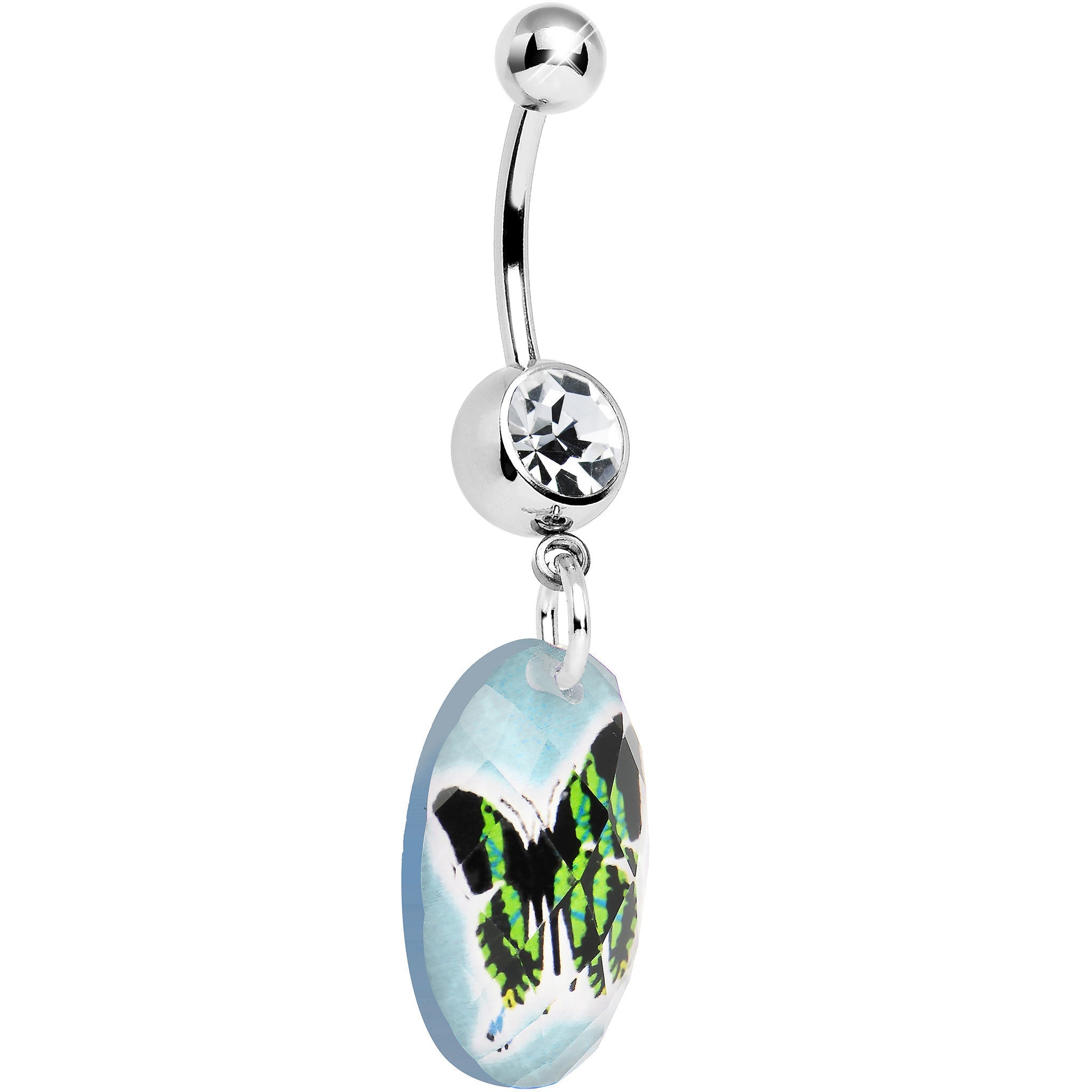 BodyCandy Aqua Gem Black Butterfly Dangle Belly Ring — detail close-up