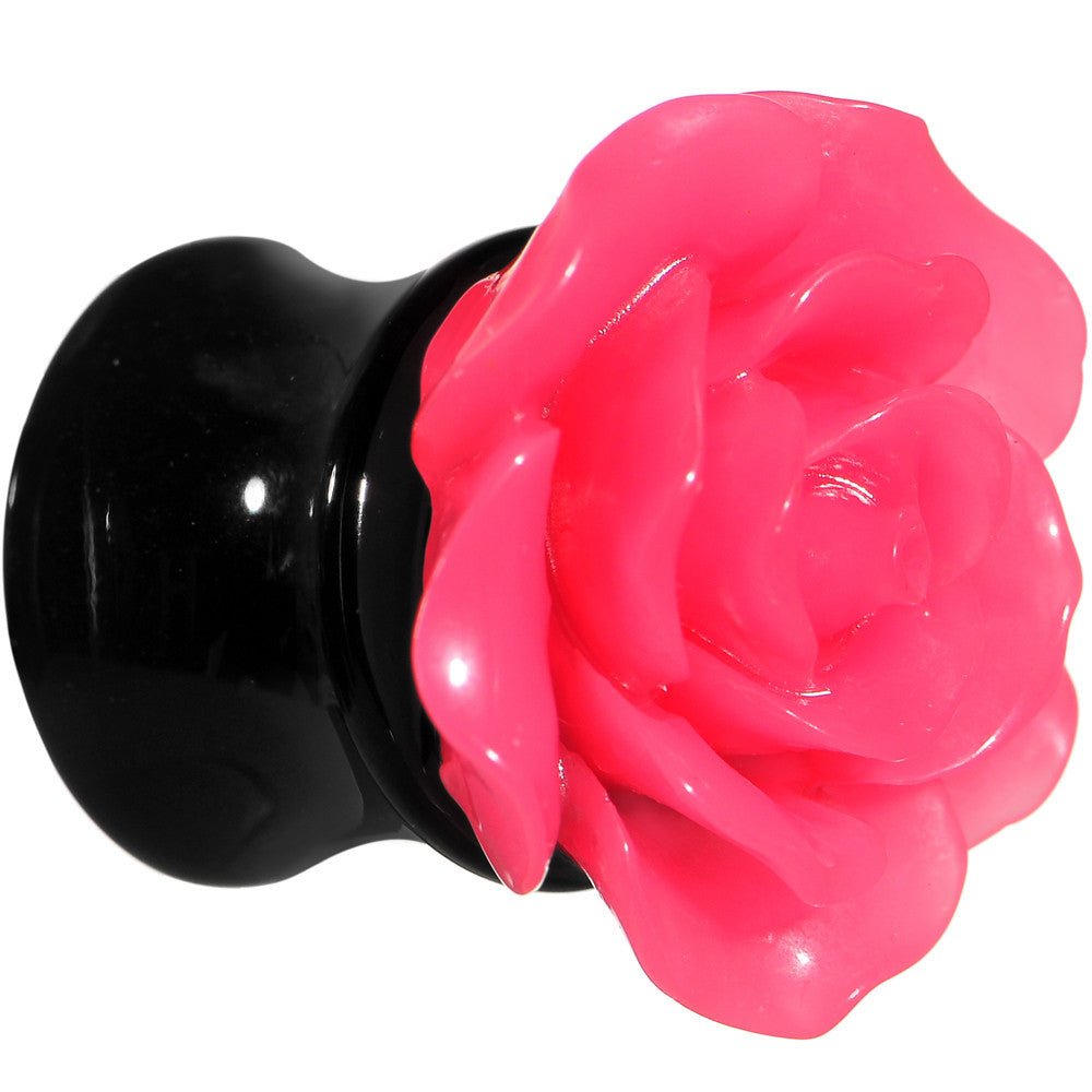 BodyCandy 00G Acrylic Black Neon Pink Rose Flower Saddle Plug Set — detail close-up