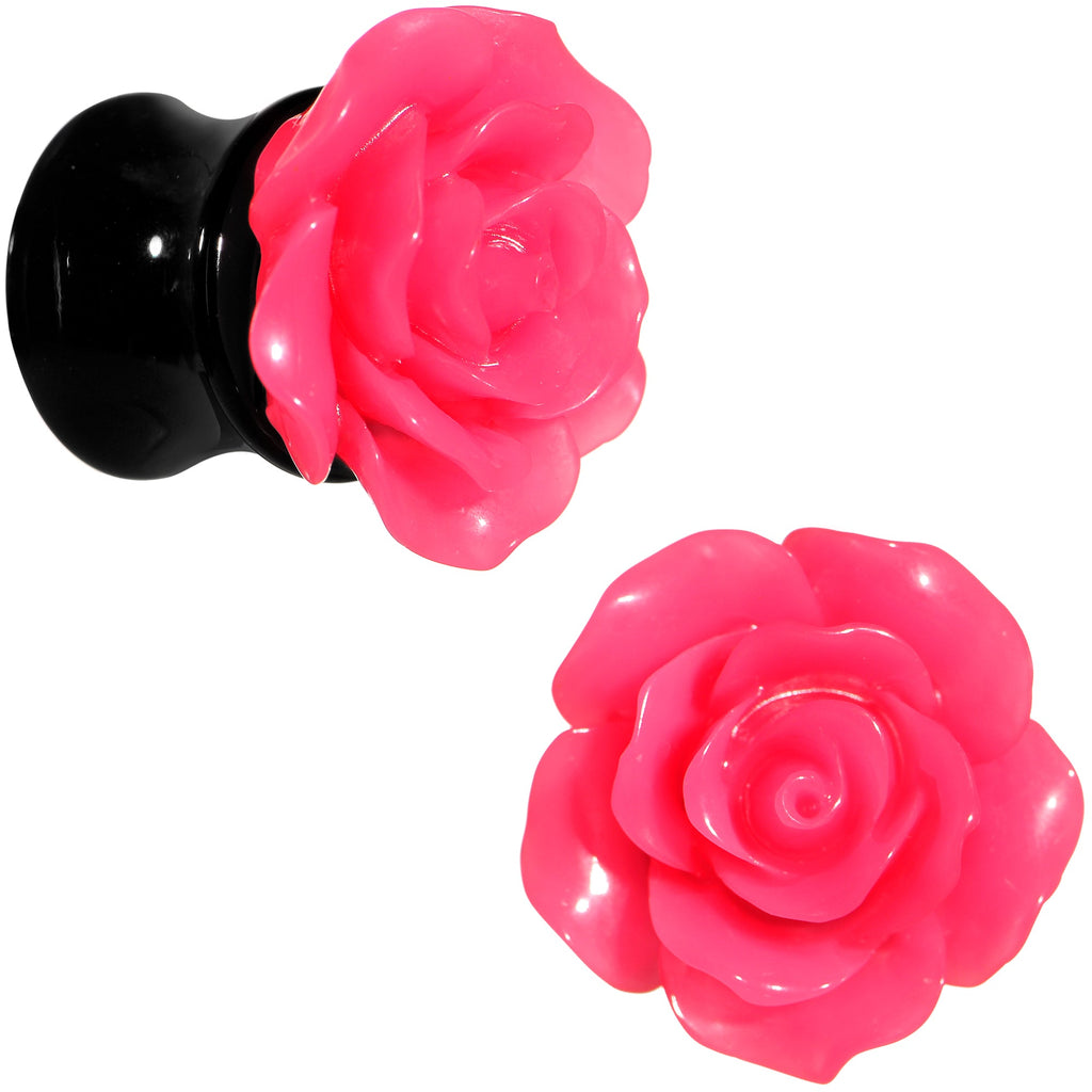 BodyCandy 00G Acrylic Black Neon Pink Rose Flower Saddle Plug Set — main product shot