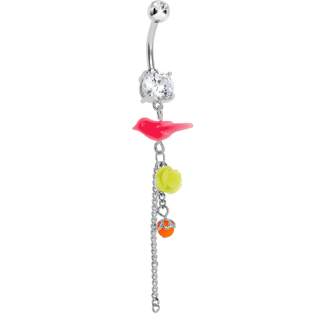 BodyCandy Crystalline Gem Pink Neon Bird Yellow Neon Rose Flower Dangle Belly Ring — main product shot
