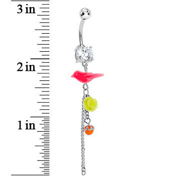 BodyCandy Crystalline Gem Pink Neon Bird Yellow Neon Rose Flower Dangle Belly Ring — detail close-up