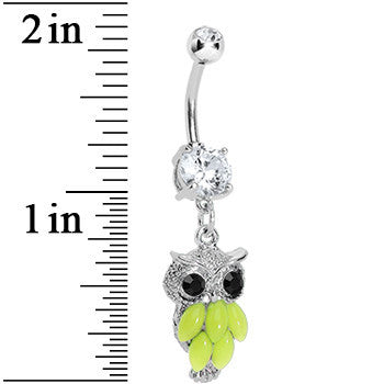 BodyCandy Crystalline Gem Yellow Neon Owl Dangle Belly Ring — detail close-up