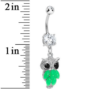 BodyCandy Crystalline Gem Green Neon Owl Dangle Belly Ring — detail close-up