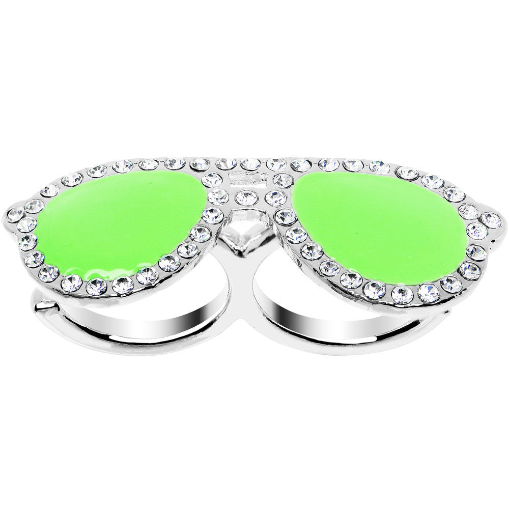 BodyCandy Green Neon Clear Gem Silver Tone Fashion Glasses Double Finger Ring — main product shot