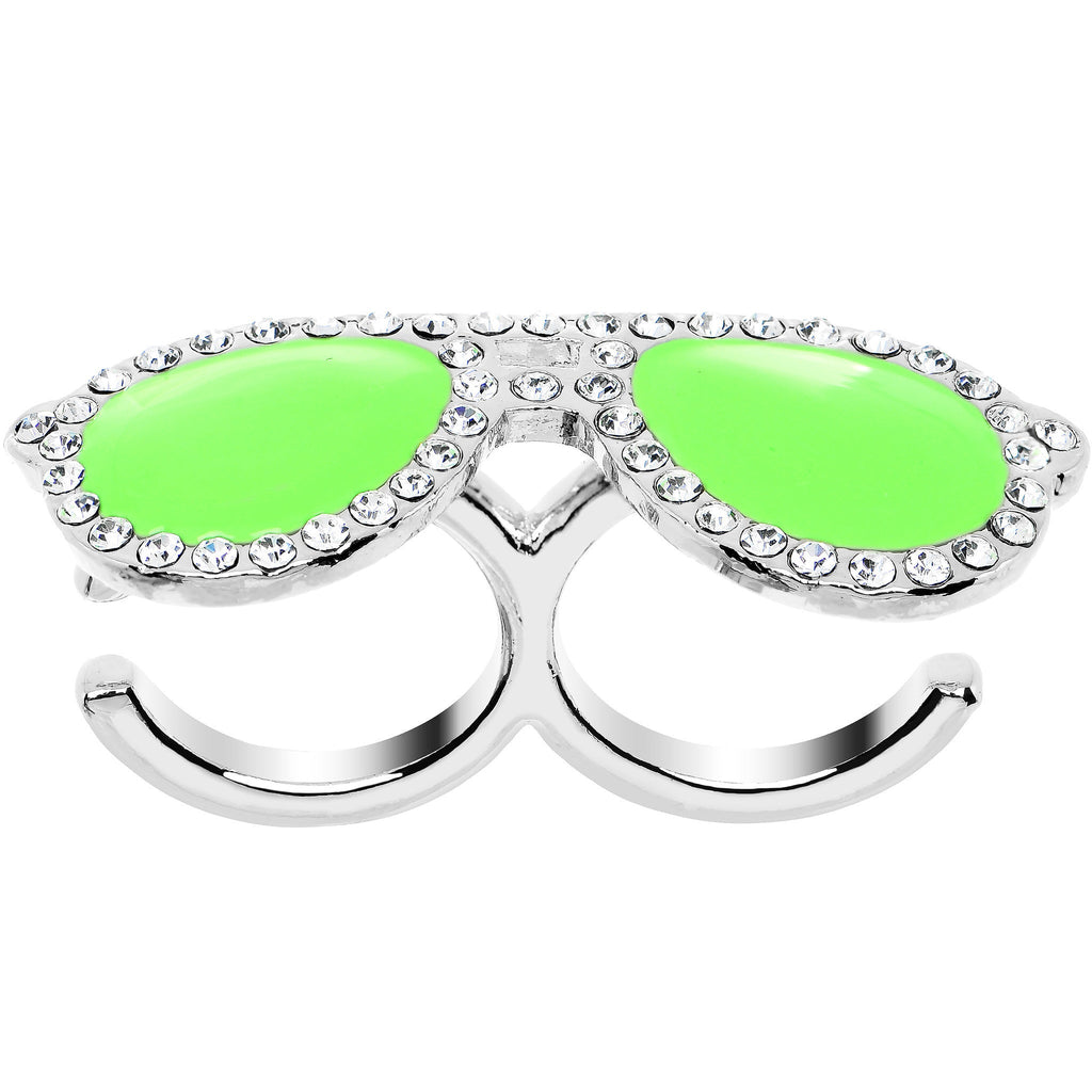 BodyCandy Green Neon Clear Gem Silver Tone Fashion Glasses Double Finger Ring — detail close-up