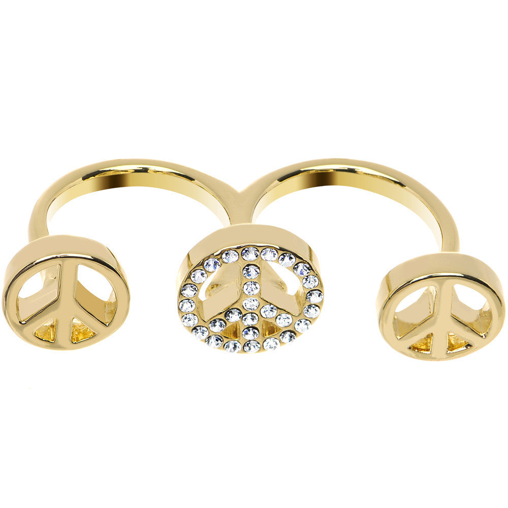 BodyCandy Clear Gem Gold Tone Triple Peace Sign Double Finger Ring — main product shot