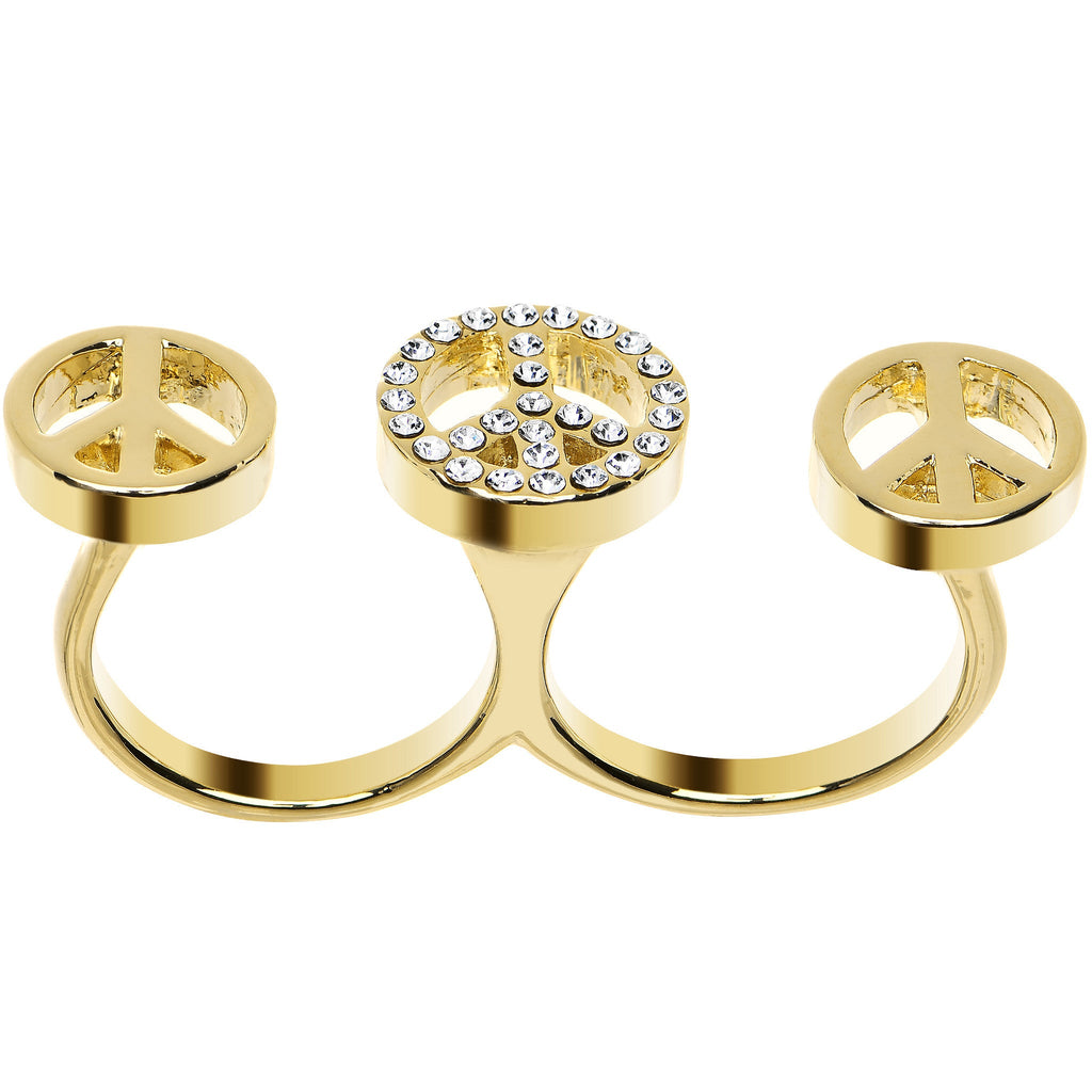 BodyCandy Clear Gem Gold Tone Triple Peace Sign Double Finger Ring — detail close-up