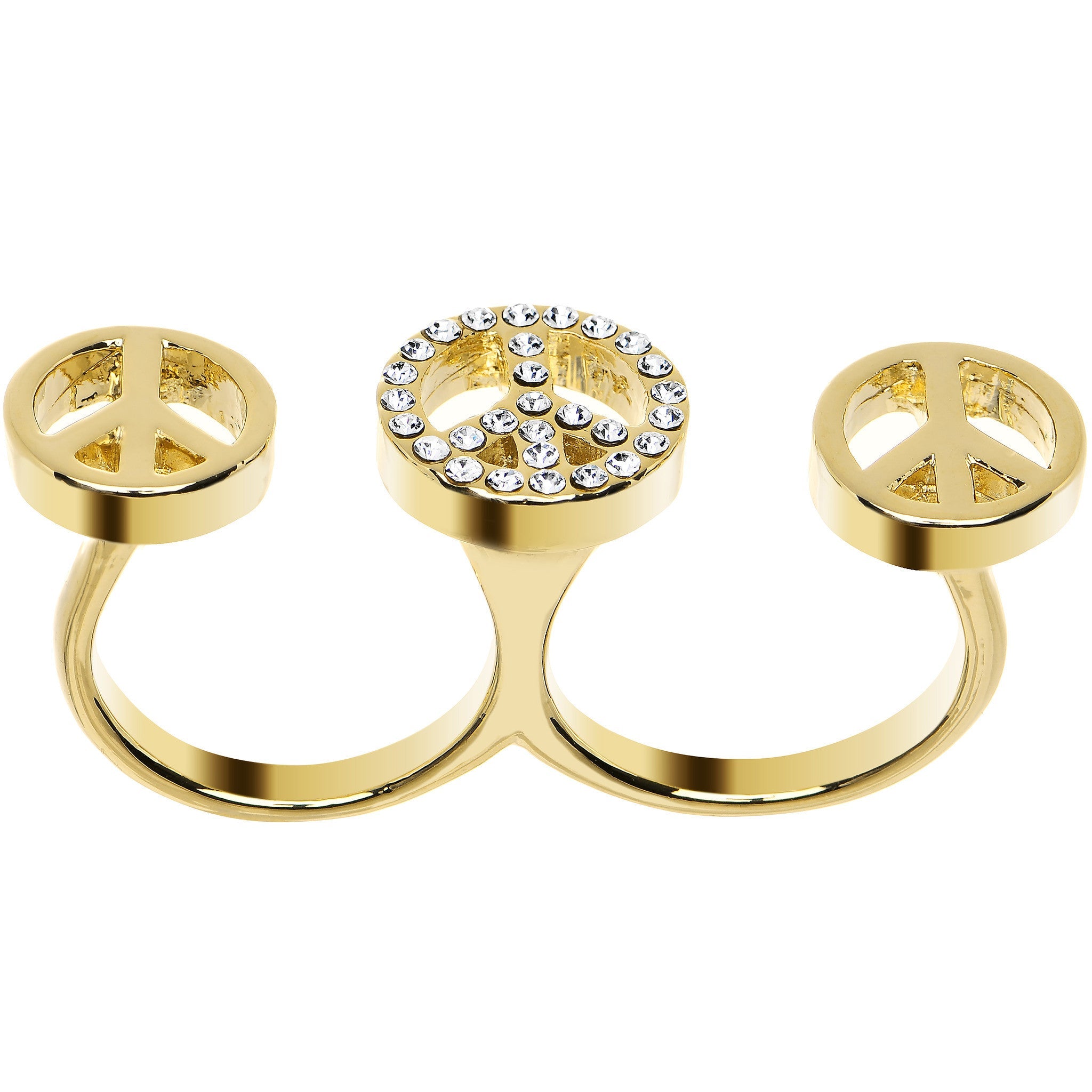 BodyCandy Clear Gem Gold Tone Triple Peace Sign Double Finger Ring — detail close-up