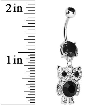 BodyCandy Black Gem Paved Clever Owl Dangle Belly Ring — detail close-up