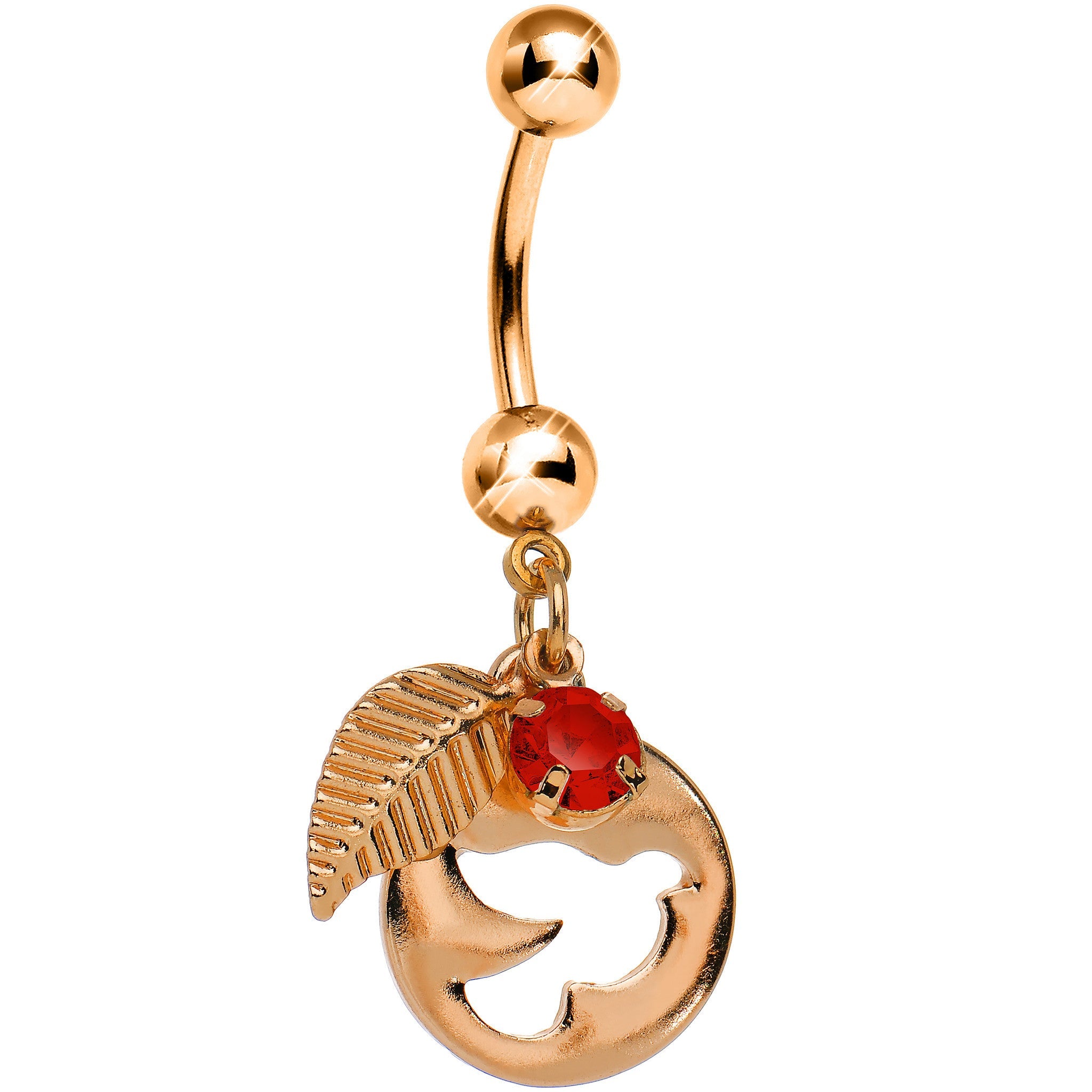 BodyCandy Red Gem Rose Gold Dove Bird Apple Dangle Belly Ring — detail close-up
