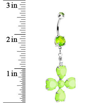 BodyCandy Light Green Gem Neon Four Leaf Clover Dangle Belly Ring — detail close-up