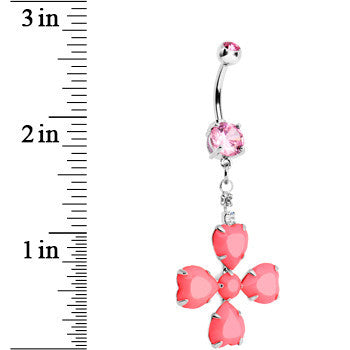 BodyCandy Pink Gem Neon Four Leaf Flower Dangle Belly Ring — detail close-up