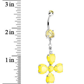 BodyCandy Yellow Gem Neon Four Leaf Flower Dangle Belly Ring — detail close-up