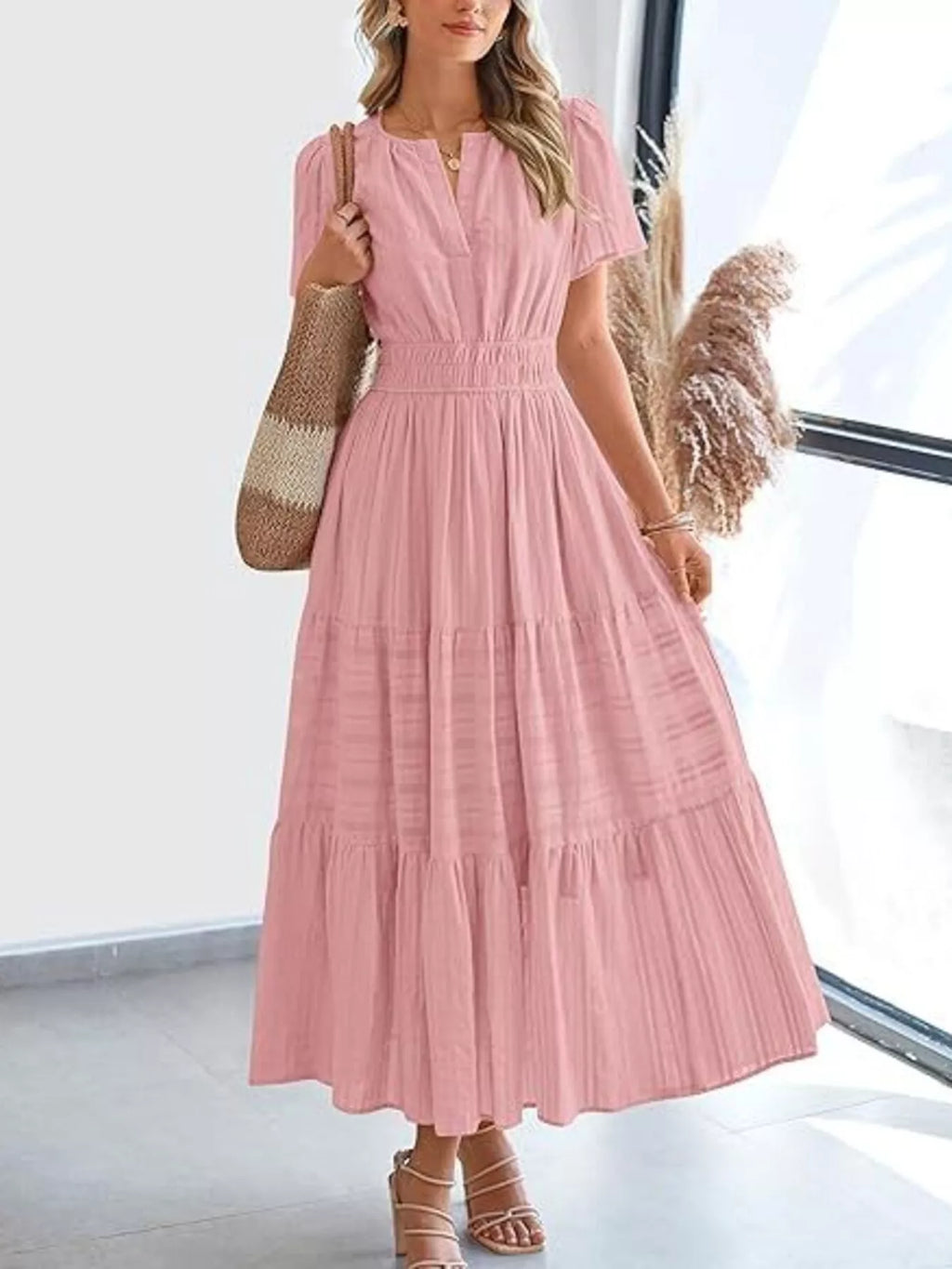 Full Size Short Sleeve Tiered Midi Dress Plus Size