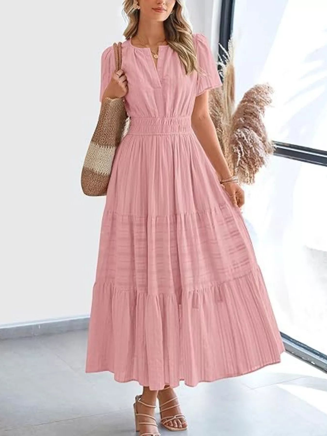 Full Size Short Sleeve Tiered Midi Dress Plus Size