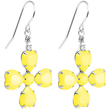 BodyCandy Clear Gem Yellow Neon Four Leaf Flower Dangle Earrings — detail close-up