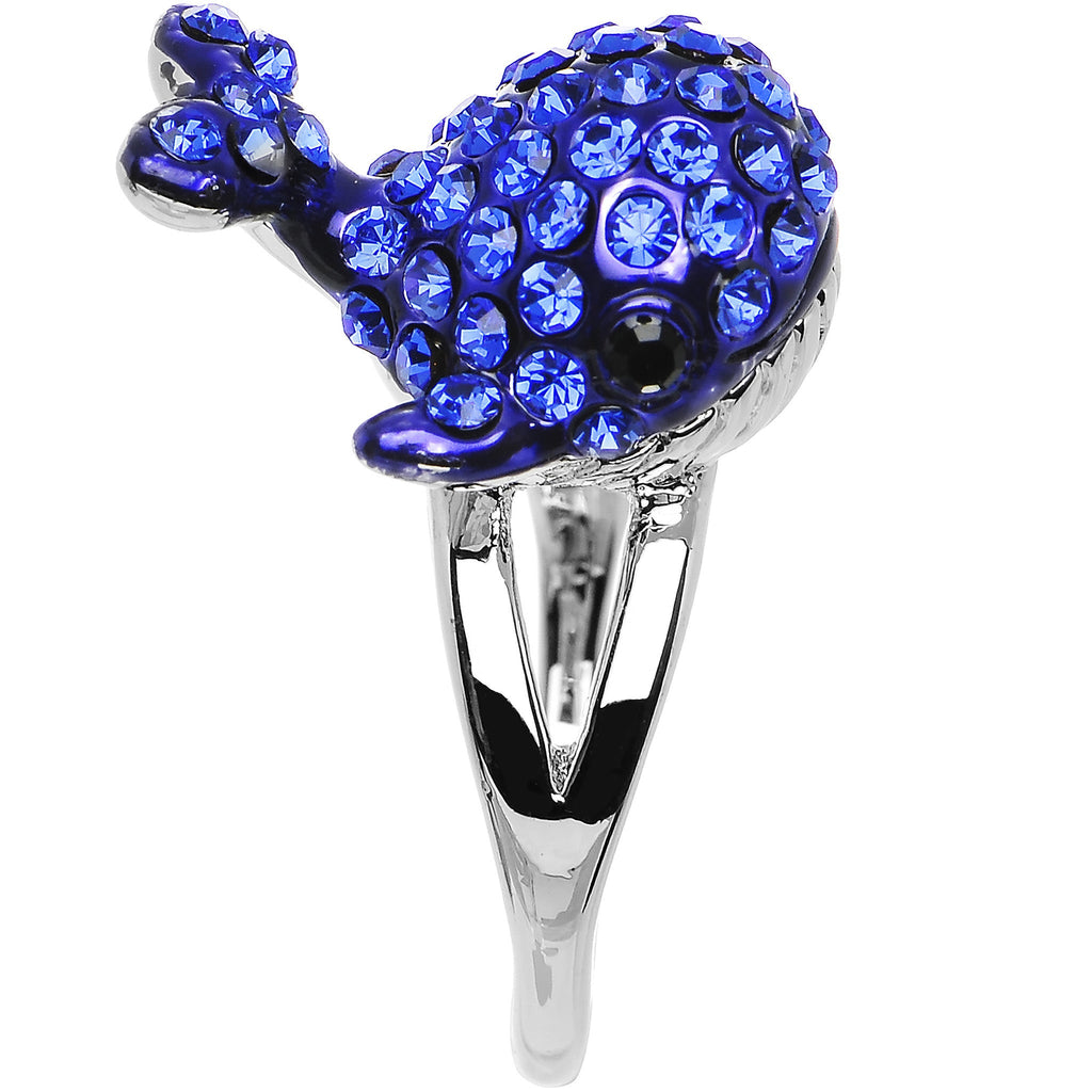 BodyCandy Size 7 Blue Gem Silver Tone Paved Splashing Whale Ring — detail close-up