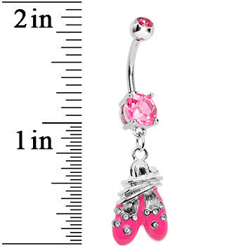 BodyCandy Pink Gem Entangled Ballet Shoes Dangle Belly Ring — detail close-up