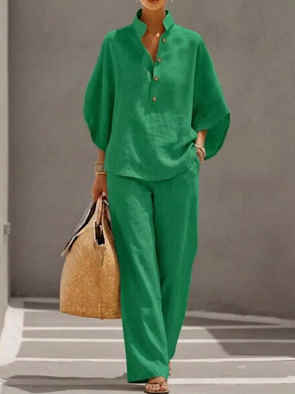 Full Size Button Detail 3/4 Sleeve Top and Pants Set Plus Size