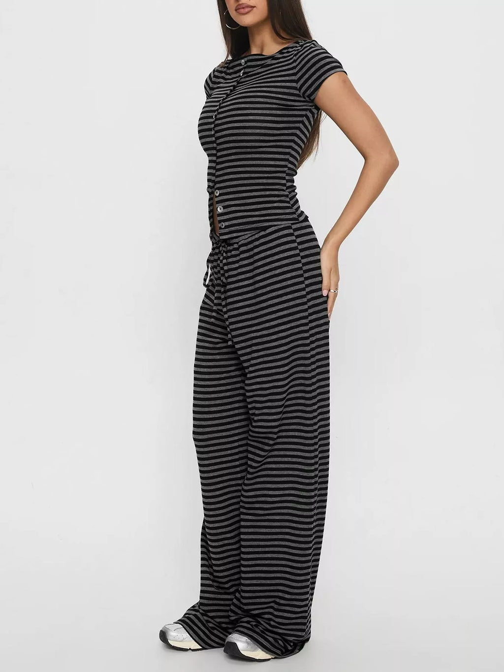 Striped Button-Down Top and Wide-Leg Pants Set