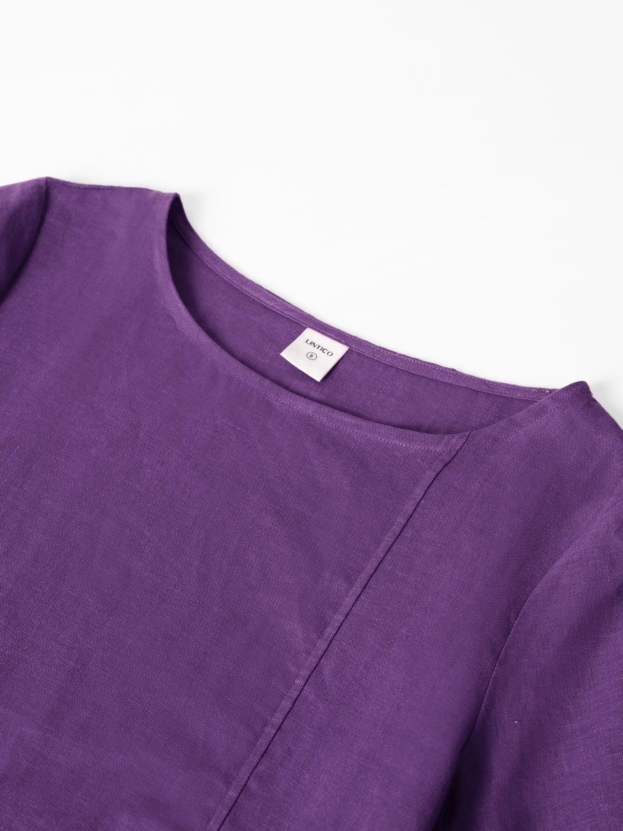LINTICO 100% Linen Collarless Mid-Length Dress SOFIA — feature highlight