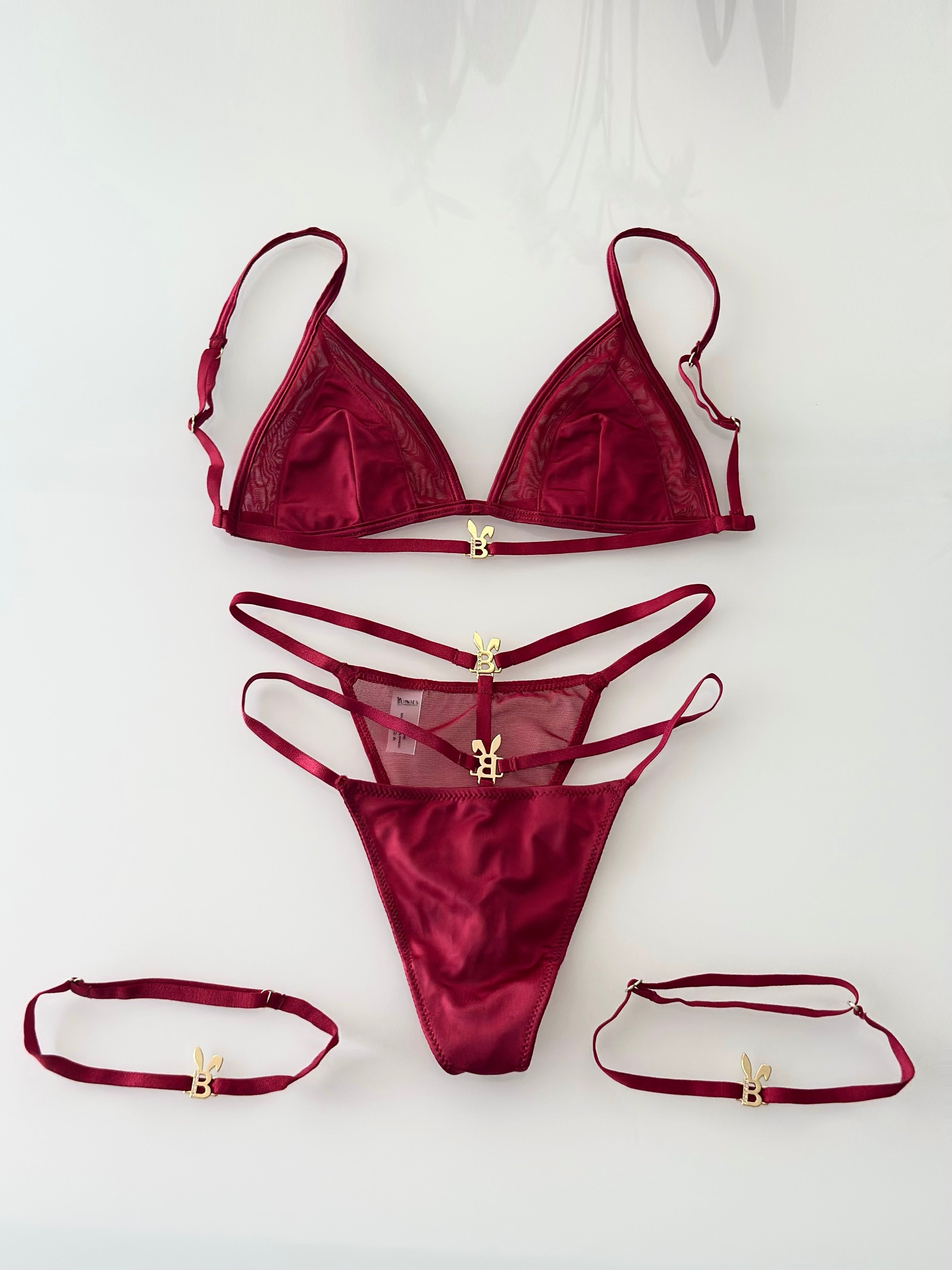 BUNNIES ROOM LINGERIE SET IN RED WINE — detail and construction