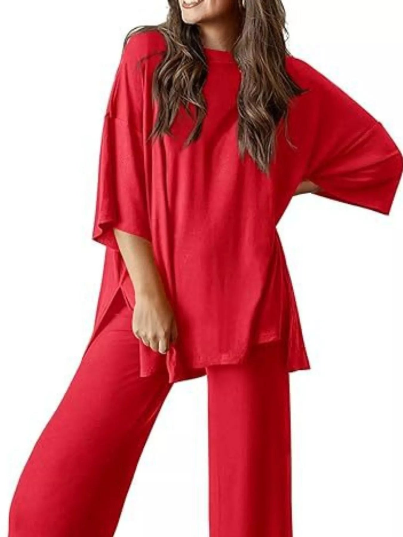 Relaxed Fit Round Neck Top and Pants Two-Piece Set