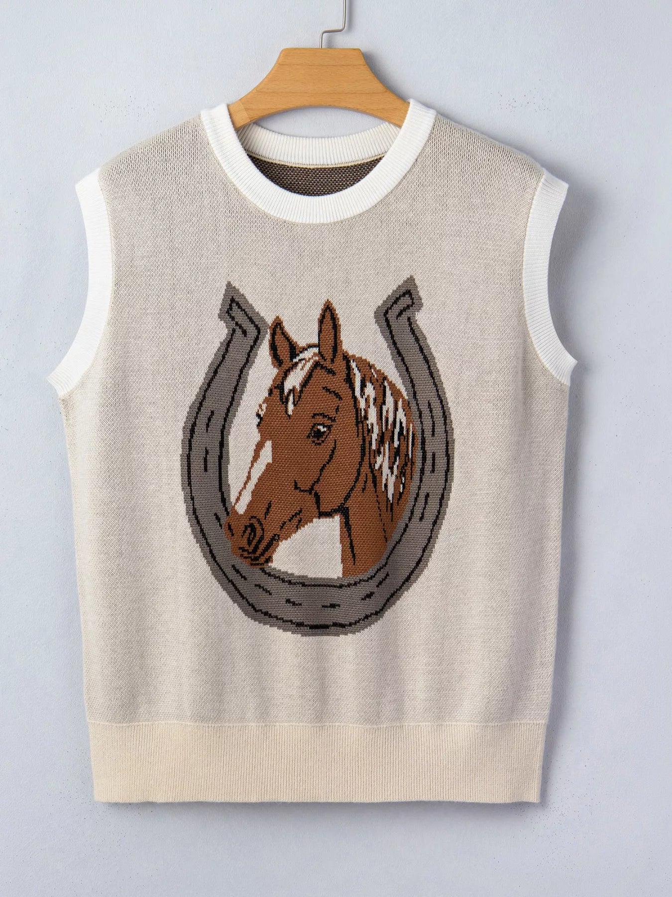 Horse Shoe Print Color Block Trim Round Neck Sleeveless Sweater