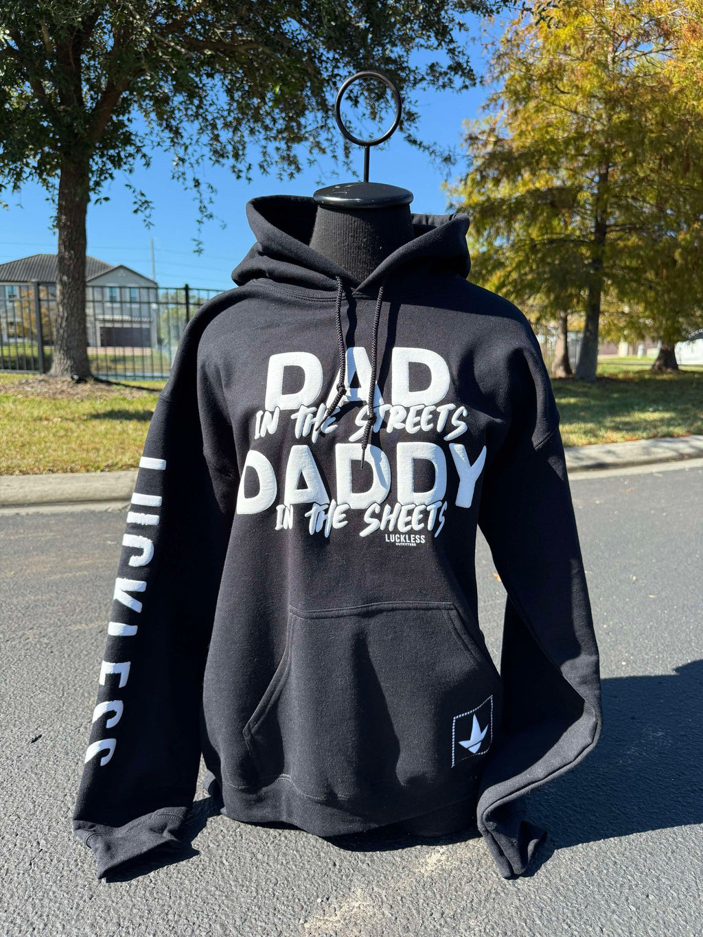 Luckless Outfitters Dad in the Streets Daddy In The Sheets Hoodie — detail close-up