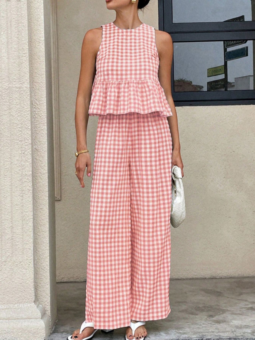 Gingham Sleeveless Top and Wide-Leg Pants Set
