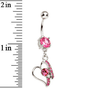 BodyCandy Pink Gem Crystalline Mending Heart Dangle Belly Ring — detail close-up